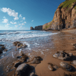 Seaside beach with rocks, cliffs, and blue sky, perfect for sea glass hunting.