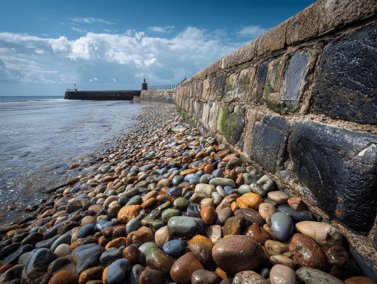 Seaglass hunting along a stone wall and pebble beach under a blue sky.