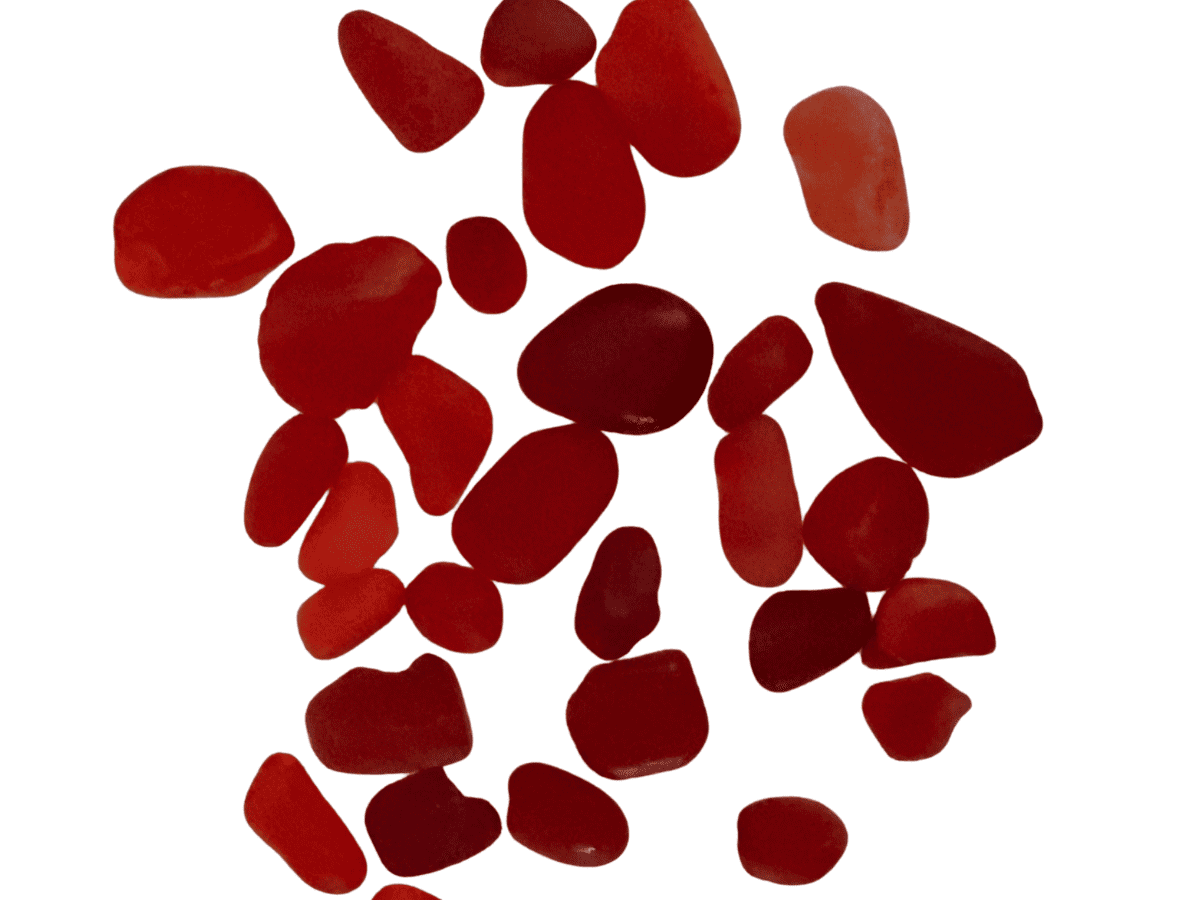 red sea glass of different sizes