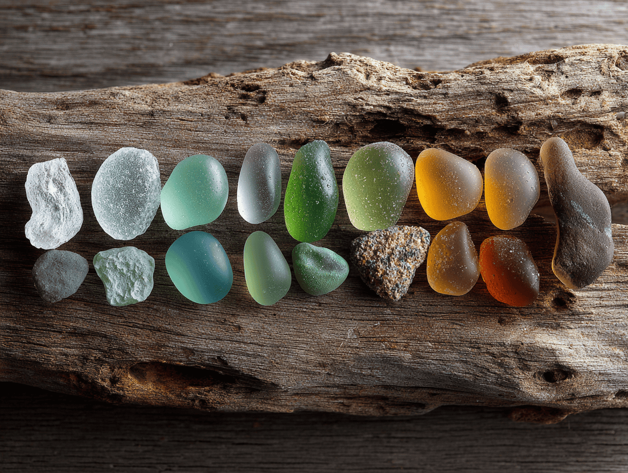 Sea glass pieces in various colours on weathered driftwood.