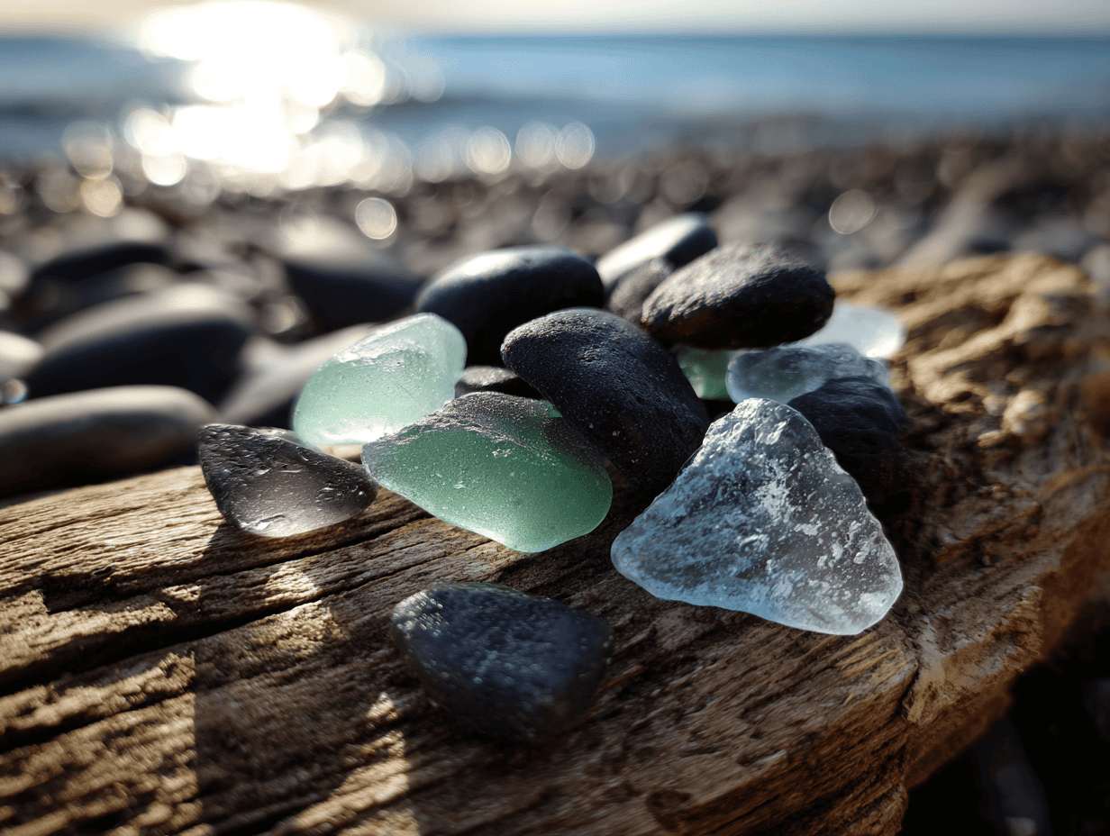 Smooth sea glass pieces in green, blue, and black on driftwood at the beach.